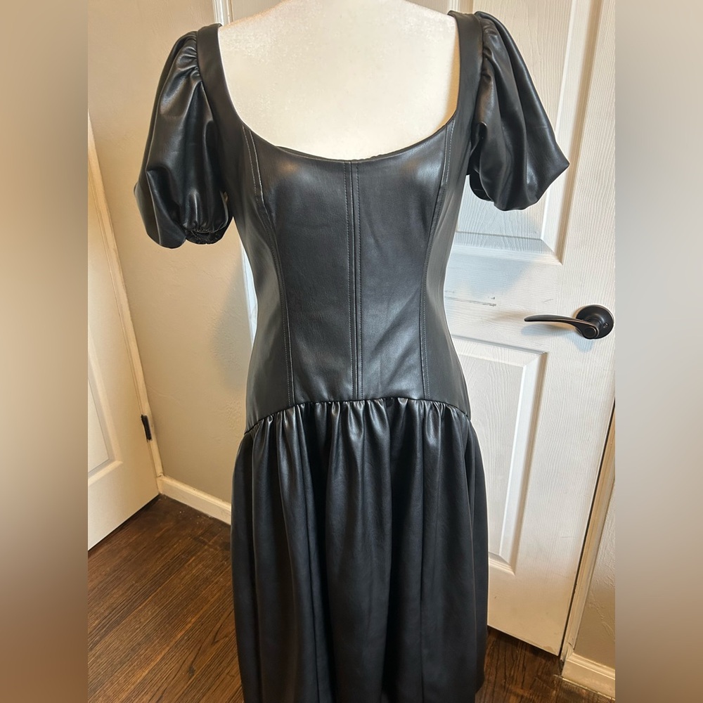 Anthropologie Hutch Black faux vegan leather drop waist Puff Sleeve Midi Dress - Picture 7 of 9
